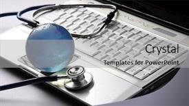  Presentation with global - Beautiful presentation theme featuring global healthcare - computer and stethoscope backdrop and a light gray colored foreground