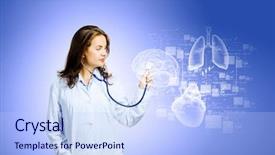  Presentation with media image - Slide deck with global healthcare - image of young woman doctor background and a light blue colored foreground