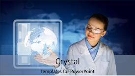  Presentation with media image - PPT theme having global healthcare - image of young woman scientist background and a  colored foreground
