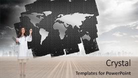  Presentation with showing world map for shipping - Presentation theme consisting of global healthcare - smiling doctor pointing against screen background and a  colored foreground