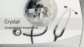  Presentation with globe - Amazing PPT layouts having global healthcare globe and stethoscope backdrop and a light gray colored foreground