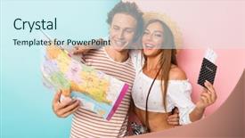  Presentation with passport travel - Theme with global holiday - cheerful young couple standing isolated background and a cool aqua colored foreground