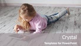  Presentation with save girl child - Colorful theme enhanced with global heating - child with tablet lying backdrop and a gray colored foreground