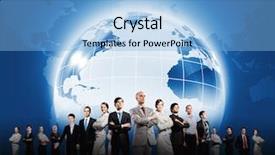  Presentation with globalization - PPT theme featuring global leaders - group of successful confident businesspeople background and a light blue colored foreground