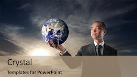  Presentation with japanese - Presentation design consisting of global leaders - japanese businessman holding planet earth background and a coral colored foreground