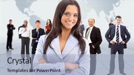  Presentation with team leadership - Slides featuring global leadership - business woman and her team background and a light blue colored foreground
