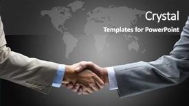  Presentation with handshake - Theme featuring global leadership - handshake with map background and a dark gray colored foreground