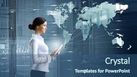  Presentation with blue tech - PPT theme consisting of global map - businesswoman with tablet pc background and a ocean colored foreground