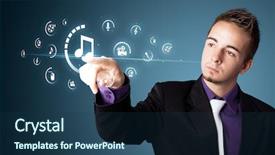  Presentation with multimedia - Slide deck having global music - businessman pressing multimedia type background and a ocean colored foreground