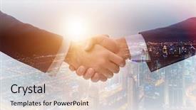  Presentation with handshake - Amazing slide deck having global negotiation - concept of cooperation with handshake backdrop and a  colored foreground