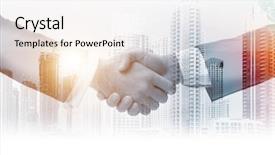  Presentation with handshake - Cool new slides with global negotiation - concept of cooperation with handshake backdrop and a  colored foreground