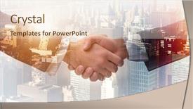  Presentation with synergy collaboration cooperation teamwork concept - PPT theme consisting of global negotiation - concept of cooperation with handshake background and a lemonade colored foreground