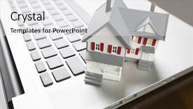  Presentation with global laptop - Slides with global real estate - miniature house and laptop computer background and a white colored foreground