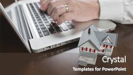  Presentation with global laptop - Audience pleasing slides consisting of global real estate - miniature house near male hands backdrop and a tawny brown colored foreground