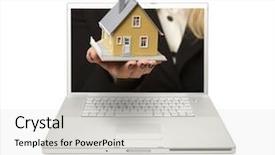  Presentation with white house - Audience pleasing slides consisting of global real estate - woman handing house through laptop backdrop and a sky blue colored foreground