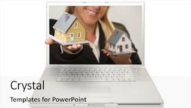  Presentation with white house - Audience pleasing PPT theme consisting of global real estate - woman handing house through laptop backdrop and a lemonade colored foreground