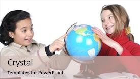  Presentation with history earth globe isolated white - Beautiful theme featuring global school - two little girl with globe backdrop and a soft green colored foreground