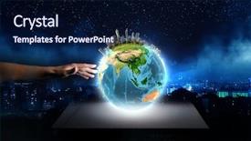  Presentation with hand holding earth - Audience pleasing PPT layouts consisting of global security - close up of human hand backdrop and a navy blue colored foreground