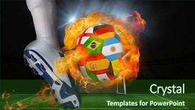  Presentation with goal ball - Amazing PPT layouts having global shoes - football player kicking flaming international backdrop and a tawny brown colored foreground