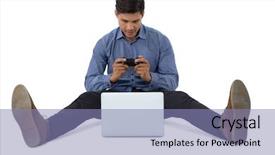  Presentation with global laptop - Theme enhanced with global shoes - full length of businessman playing background and a  colored foreground