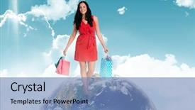  Presentation with blue global - Theme having global shoes - woman standing with shopping bags background and a  colored foreground