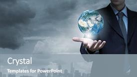  Presentation with hand holding earth - Slides having global spinning - hand of businessman holding earth background and a light blue colored foreground