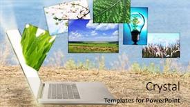  Presentation with global laptop - Slides featuring global themes - laptop and eco theme images background and a coral colored foreground