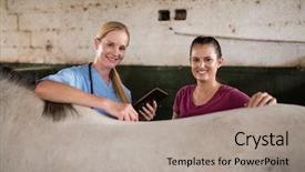  Presentation with vet - Presentation design enhanced with global themes - portrait of female vet background and a light gray colored foreground