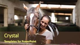  Presentation with using digital tablet - Presentation theme featuring global themes - smiling female jockey using digital background and a tawny brown colored foreground