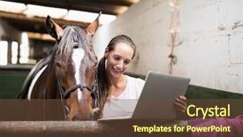  Presentation with global laptop - Presentation featuring global themes - smiling female jockey using laptop background and a tawny brown colored foreground