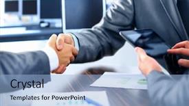  Presentation with business partner people joining hand - Presentation featuring global trade - business people shaking hands background and a light blue colored foreground