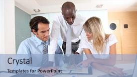  Presentation with international business - Theme enhanced with global trade - business people working on international background and a light blue colored foreground