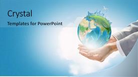  Presentation with hand holding earth - Theme featuring global warming concept - close up of female hand background and a light blue colored foreground