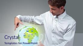  Presentation with eco - Amazing PPT layouts having global warming concept - young businessman holding virtual eco backdrop and a lemonade colored foreground