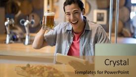  Presentation with beer - PPT theme enhanced with globalization food - portrait of smiling man holding background and a  colored foreground