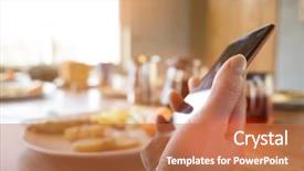  Presentation with smartphone - Amazing slides having globalization food - woman using smartphone close-up image backdrop and a coral colored foreground