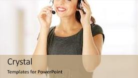  Presentation with call center performance reporting - Theme having globalization services - call center woman with headset background and a  colored foreground