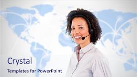  Presentation with world map - Presentation theme consisting of globalization services - smiling businesswoman wearing headset background and a  colored foreground