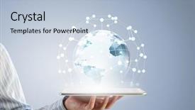  Presentation with tablet - Beautiful PPT layouts featuring globe - businessman holding in hand tablet backdrop and a light blue colored foreground