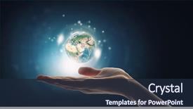  Presentation with hand holding earth - Audience pleasing slide set consisting of globe - human hand holding digital icon backdrop and a wine colored foreground