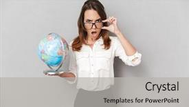  Presentation with young business woman smile show - Slide set with globe and looking at camera background and a light gray colored foreground