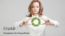  Presentation with recycle - Amazing slide deck having globe arrows - young woman holding green recycle backdrop and a light gray colored foreground