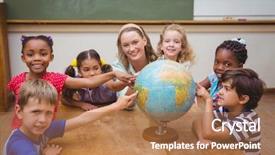 Presentation with school elementary - PPT theme having globe at the elementary school background and a coral colored foreground