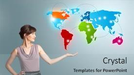  Presentation with woman world - Presentation theme enhanced with globe australia - beautiful young woman presenting colorful background and a light blue colored foreground