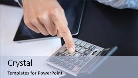  Presentation with calculator - Theme consisting of globe budget - businessman with calculator background and a  colored foreground