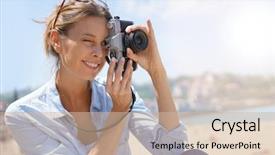  Presentation with cheerful - Theme enhanced with globe camera - cheerful girl taking pictures background and a soft green colored foreground