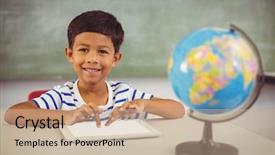  Presentation with table in a classroom cheating - Amazing PPT theme having globe camera - portrait of smiling schoolboy using backdrop and a  colored foreground