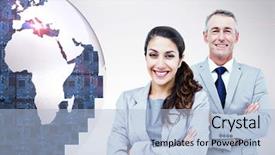 Presentation with grey - Beautiful presentation design featuring globe cross - portrait of happy business people backdrop and a light blue colored foreground