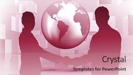  Presentation with business partner people joining hand - PPT theme enhanced with globe cross - smiling business people shaking hands background and a coral colored foreground