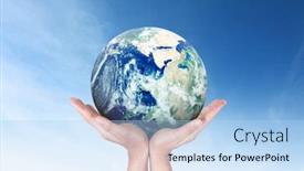  Presentation with hand holding earth - Audience pleasing slide set consisting of globe-earth-in-human-hand backdrop and a light blue colored foreground